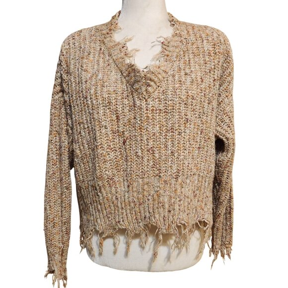 Jolt Women's Size Small Distressed Beige Speckled Knit Cropped Sweater V Neck - Picture 1 of 11